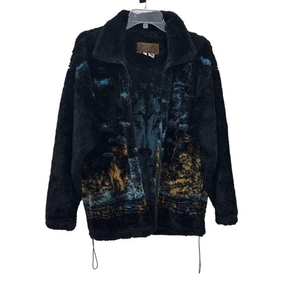 Vintage Wolf Print Fleece Jacket Bear Ridge S Western Made USA Cottagecore Y2K - Picture 1 of 3